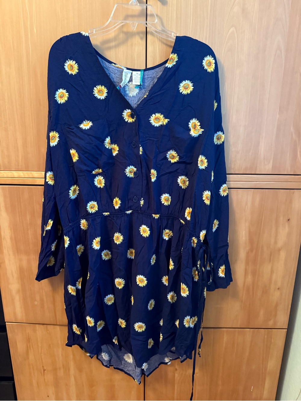 Mimi Chica Navy Sunflower Button-Front Long Sleeve Dress